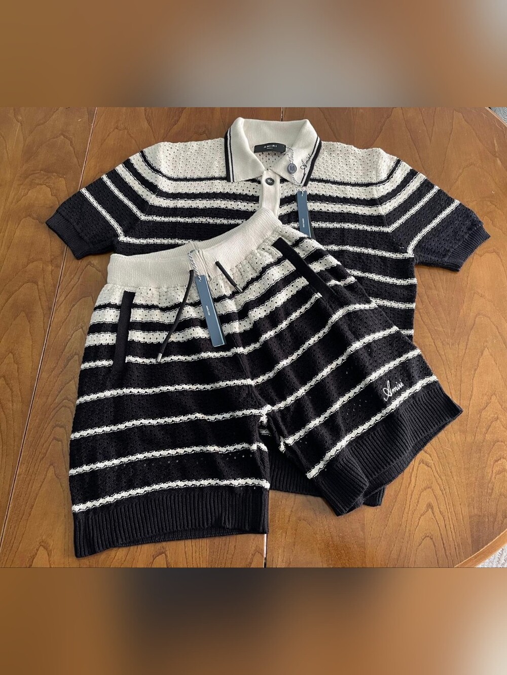 AMIRI Men's Black & White Striped Knit Shirt & Shorts Set- Size XL